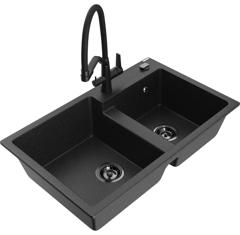 Mexen Tomas chiuvetă de bucătărie din granit cu 2 compartimente și baterie Duo, negru/metalic argintiu - 6516-73-671701-70-B