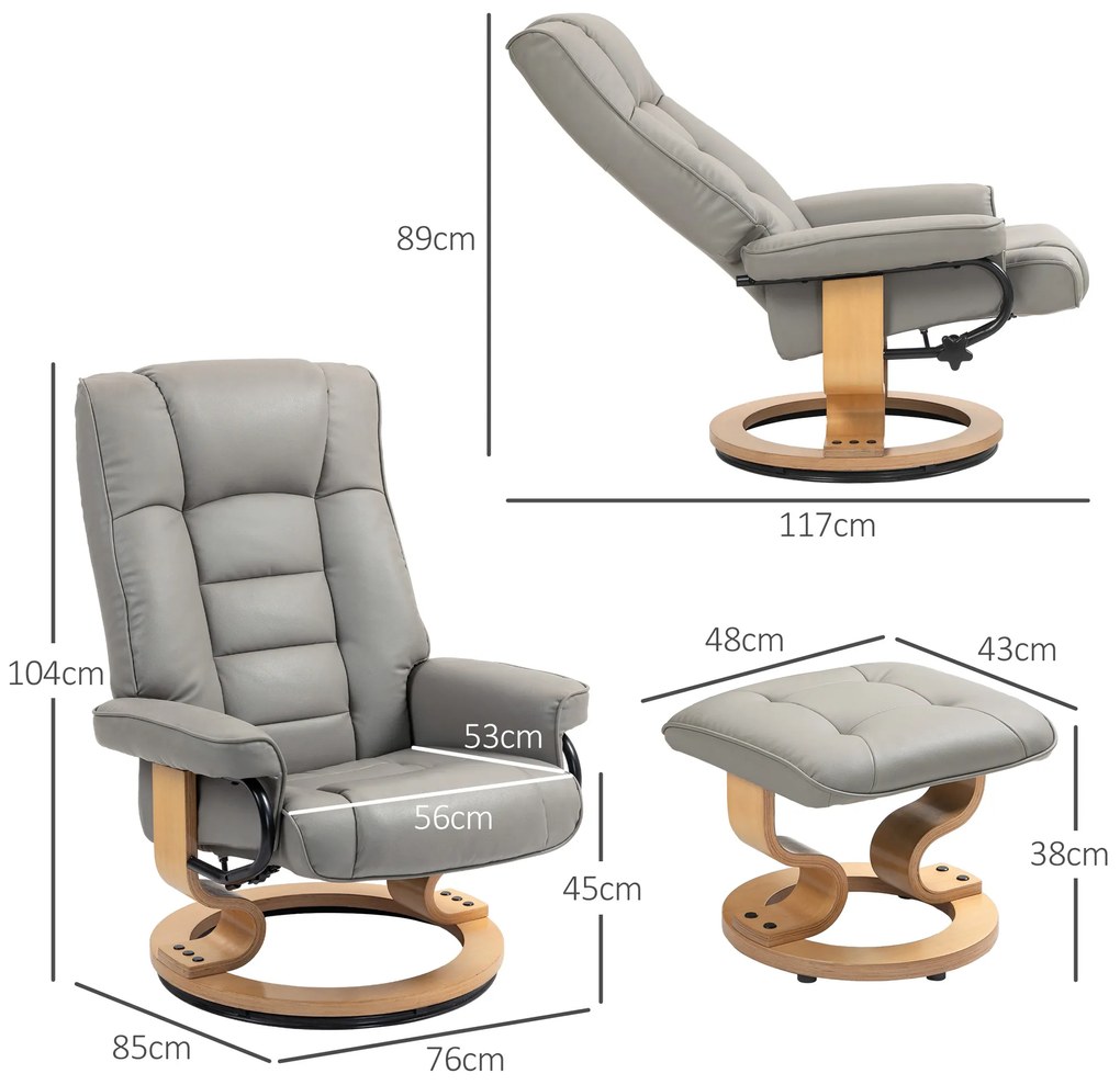 HOMCOM Fotoliu de relaxare inclinabil cu suport pentru picioare, pivotant, cadru din lemn, material sintetic gri | Aosom Romania