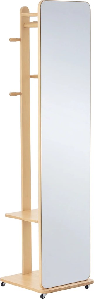 HOMCOM Oglindă de podea cu roți - Suport, 4 cârlige, raft MDF aspect lemn deschis | Aosom Romania