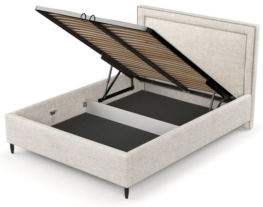 Pat matrimonial crem tapițat cu spațiu de depozitare cu somieră 140x200 cm Baleine – Maison de Rêve