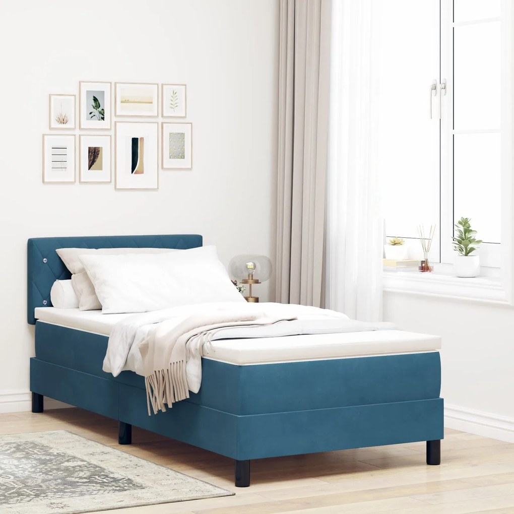 vidaXL Pat box spring cu saltea, albastru închis, single, catifea