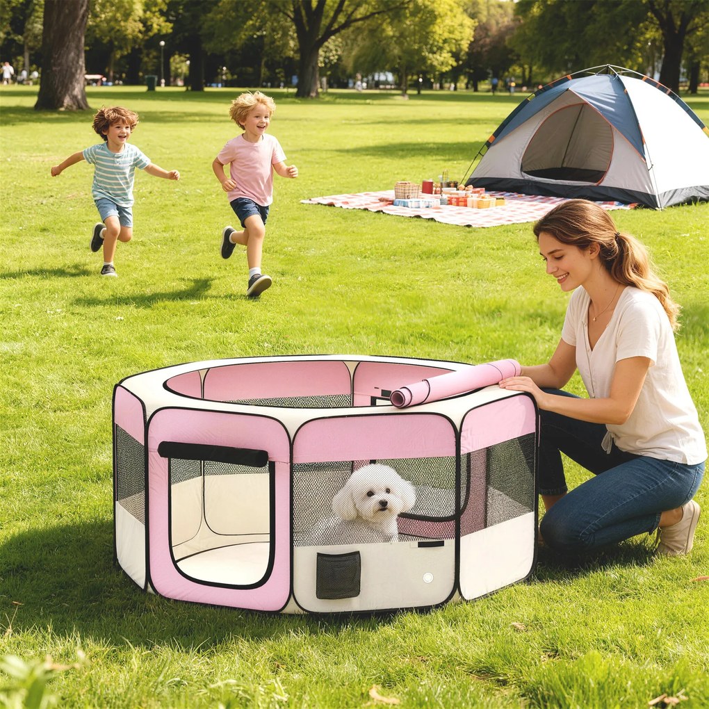 PawHut Parc pliabil pentru câini și pisici țarc portabil pentru animale mici impermeabil din țesătură Oxford Ø120x58cm Roz | Aosom Romania