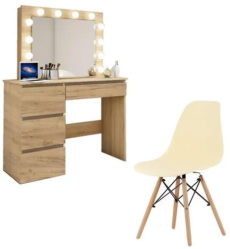 Masa de toaleta/machiaj + Scaun stil scandinav, Artool, stejar wotan, cu oglinda si LED-uri, 94x43x141 cm