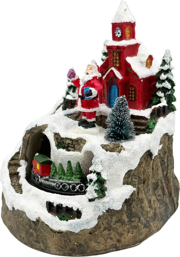 Scena de Craciun cu Trenulet Animat si Mos Craciun JOY, Cu muzica si lumini, 12x15 cm