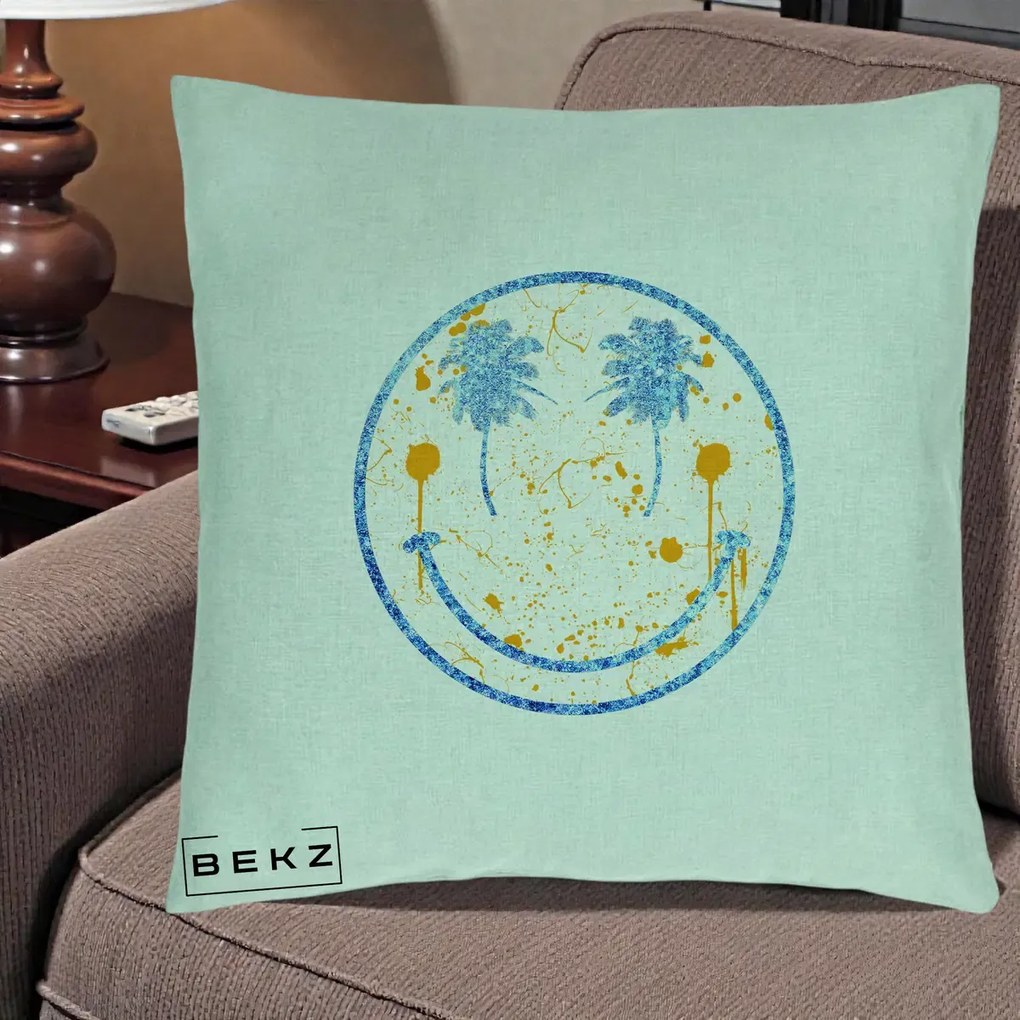 Perna Decorativa Smiley Face Tropical Albastru Glitter si Portocaliu, 40x40 cm, Verde Menta, Husa Detasabila, Perna Inclusa, BEKZ®