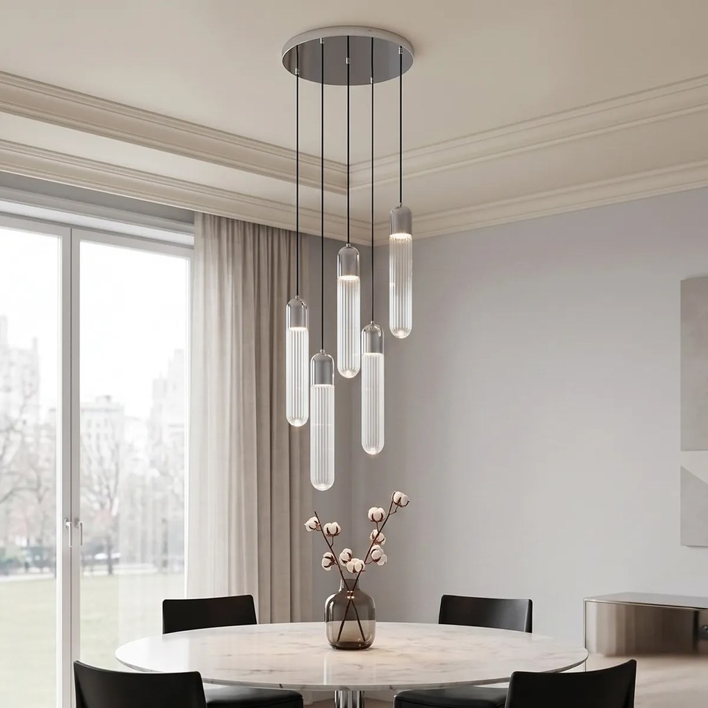 Lampă suspendată de designer cromată cu sticlă striată cu 5 lumini - Walcott