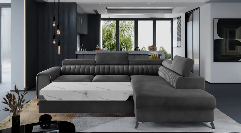 Colțar gri închis extensibil/cu spațiu de depozitare cu tapițerie din catifea (cu colț pe partea dreaptă/în formă de ”L”) Laurence – ELTAP