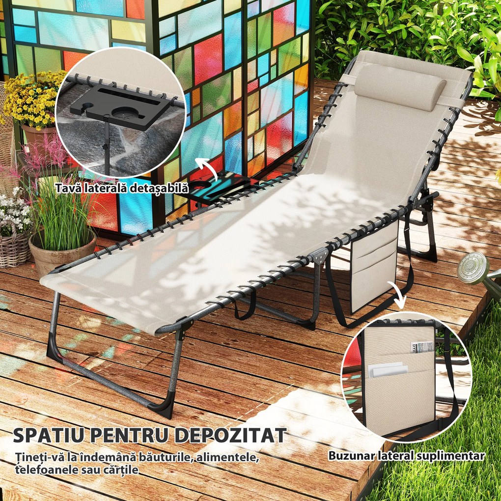 Outsunny Șezlong de Grădină Pliabil și Reglabil în 5 Poziții cu Măsuță Laterală, 60x190x31 cm, Alb Crem | Aosom Romania