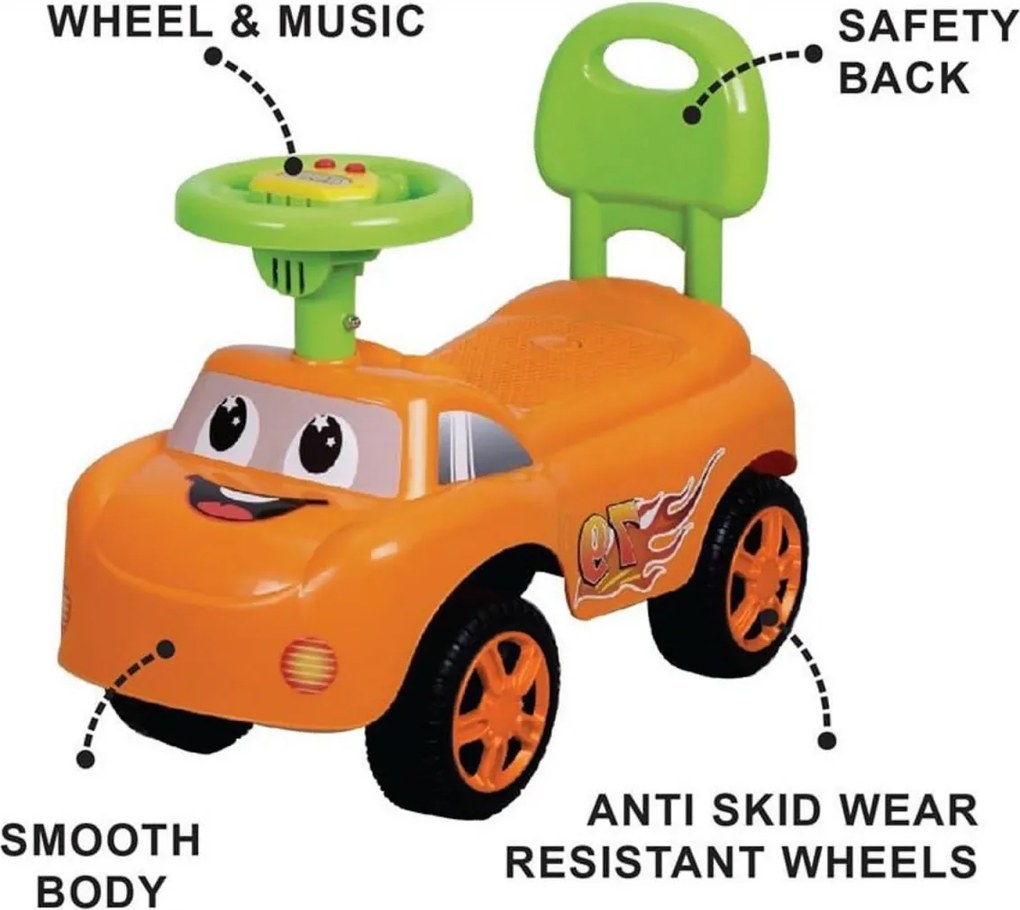 Masinuta cu Functie de Trotineta Fara Pedale Pentru Copii NOVOKIDS™ DREAM CAR, Maxim 25 Kg, Cu Sunete, Spatar de Protectie si Volan, PORTOCALIU