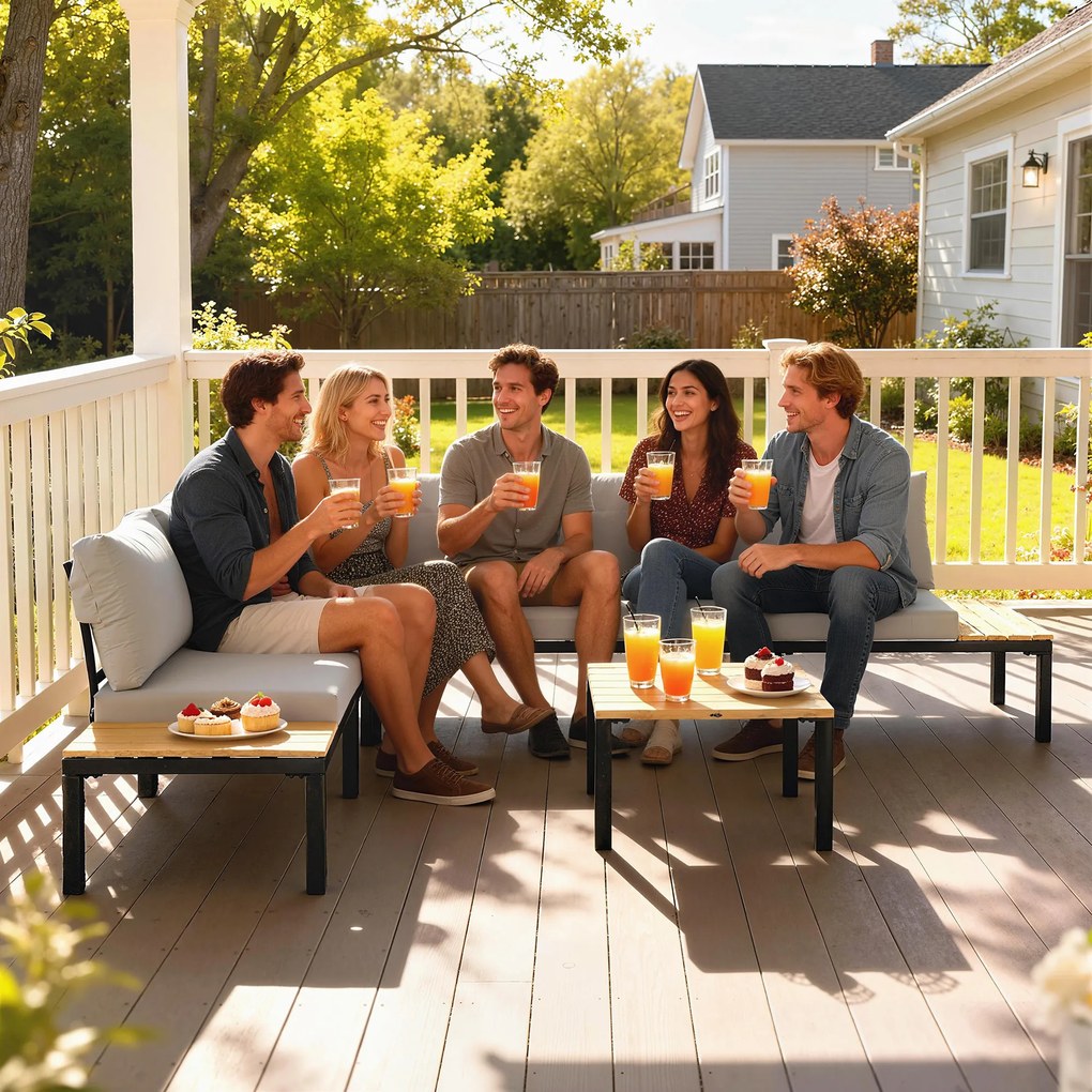 Outsunny Set de grădină modular 6 piese Set canapea exterior transformabil într-un pat Masă de cafea și măsuțe laterale Gri | Aosom Romania