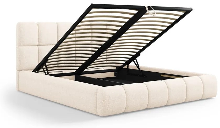 Pat matrimonial crem tapițat cu spațiu de depozitare cu somieră 200x200 cm Bellis – Micadoni Home