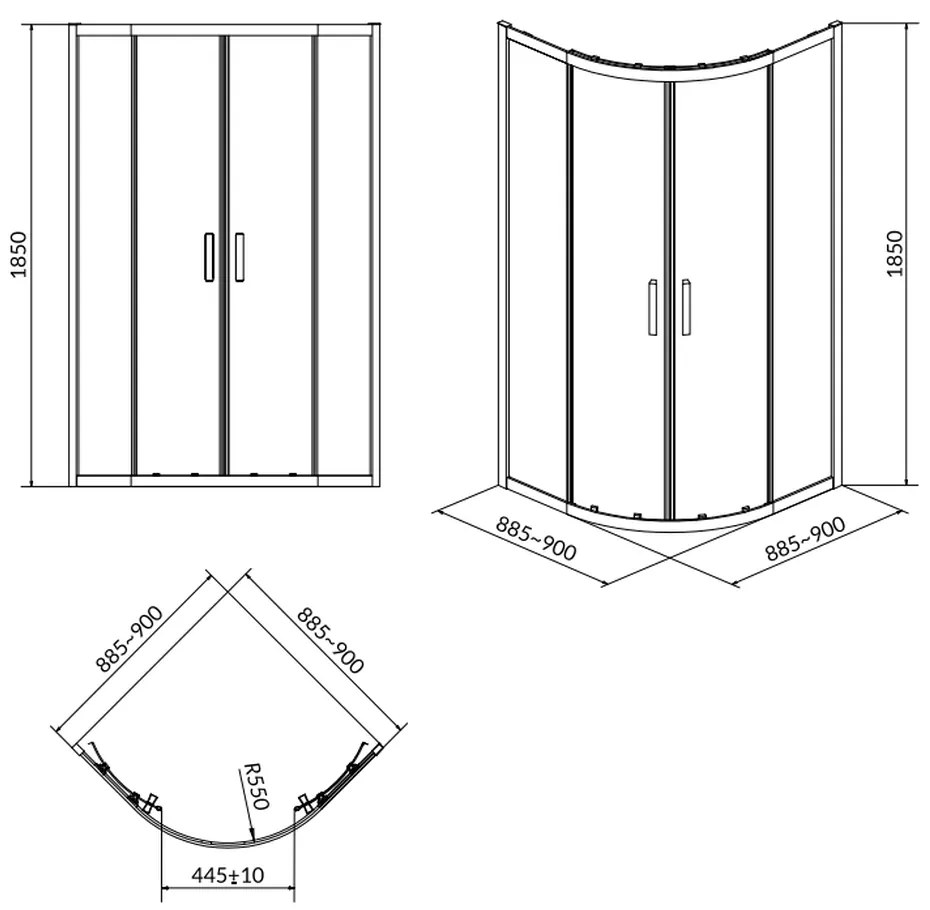 Cabina de dus semirotunda 90x90 cm Cersanit Basic, crom 900x900 mm