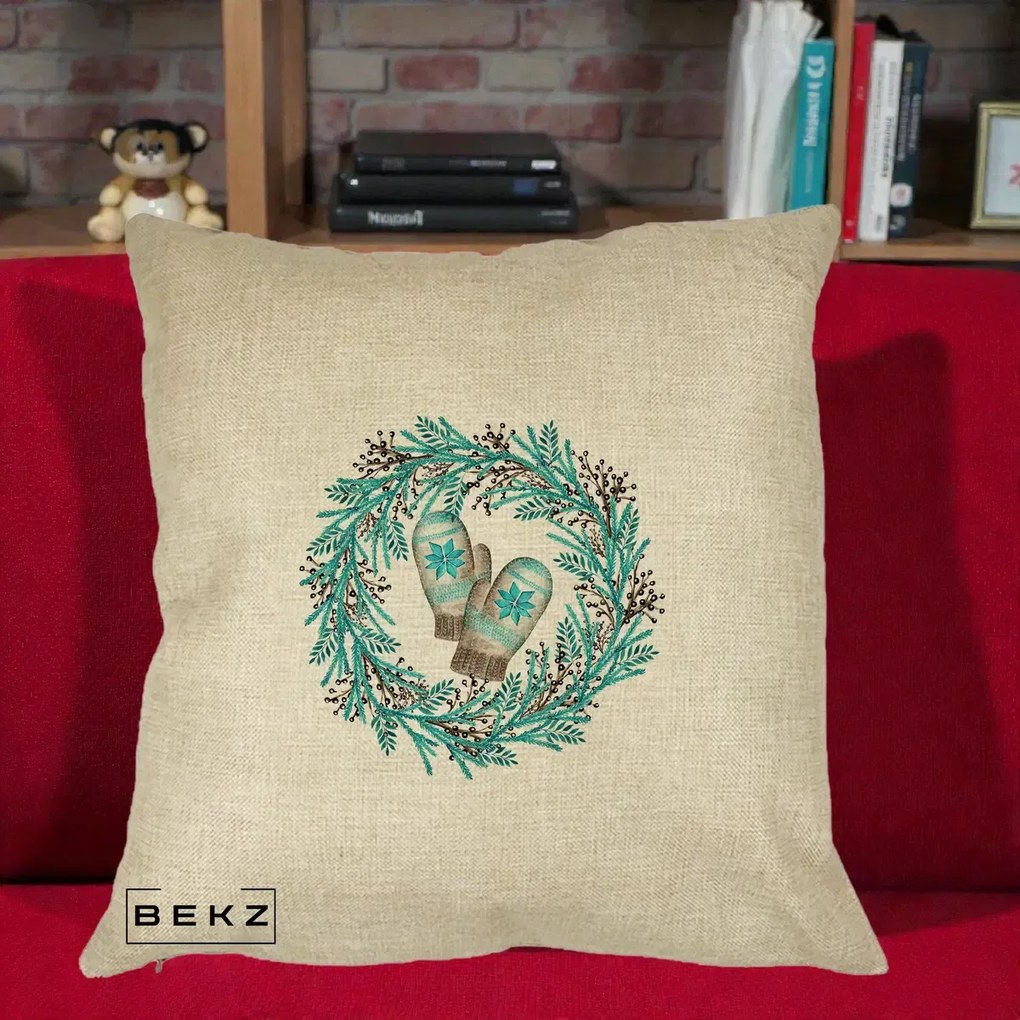 Perna Decorativa Coroana Turcoaz cu Manusi, 40x40 cm, Crem, Husa Detasabila, Perna Inclusa, BEKZ®