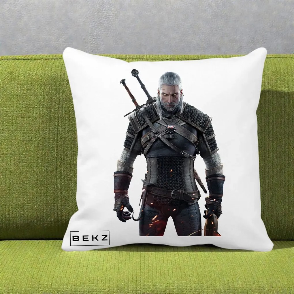 Perna Personalizata The Witcher Geralt of Rivia Portret, 40x40 cm, Alba Mata, Husa Detasabila, Perna Inclusa, BEKZ®