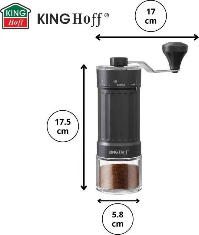 Măcinător manual de cafea Kinghoff KH 2002, 30 g, Mecanism ceramic, Reglare continuă a fineții, Negru