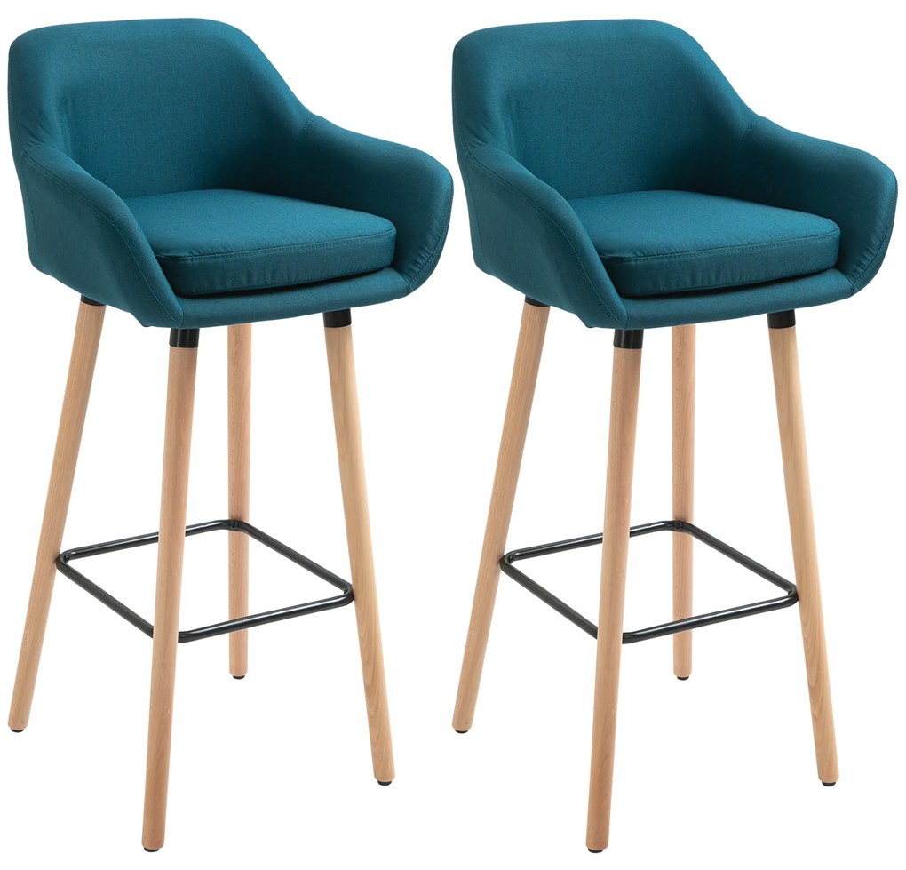 HOMCOM Taburete de Bar Design scandinav - Set de 2 Taburete de Bar Grand Confort cu Suport pentru Picioare și Cotiere - Lemn masiv Lână albastră | Aosom Romania