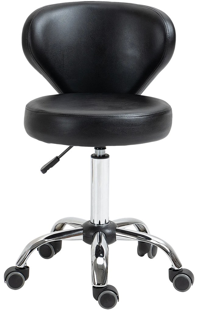 HOMCOM Taburet cu roți taburet de masaj - taburet de lucru pivotant la 360 ° - înălțime ajustabilă 49-64H cm, spătar ergonomic - metal cromat acoperit cu material sintetic negru | Aosom Romania