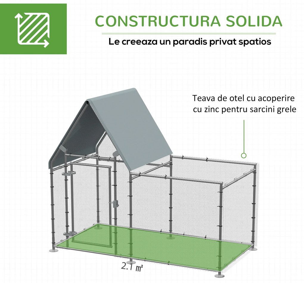 Gard pentru Gaini PawHut cu Panza de Protectie din Tesatura Oxford, Cotet pentru Pui si Iepuri din Otel Galvanizat 2x1,05x1,72 m, Argintiu