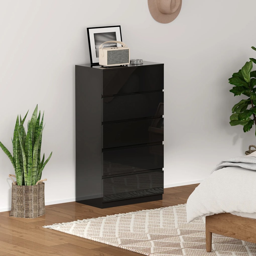 HOMCOM Comodă cu 5 Sertare din Lemn, pentru Dormitor, Design Modern și Multifuncțional, 55x34x100 cm, Negru | Aosom Romania