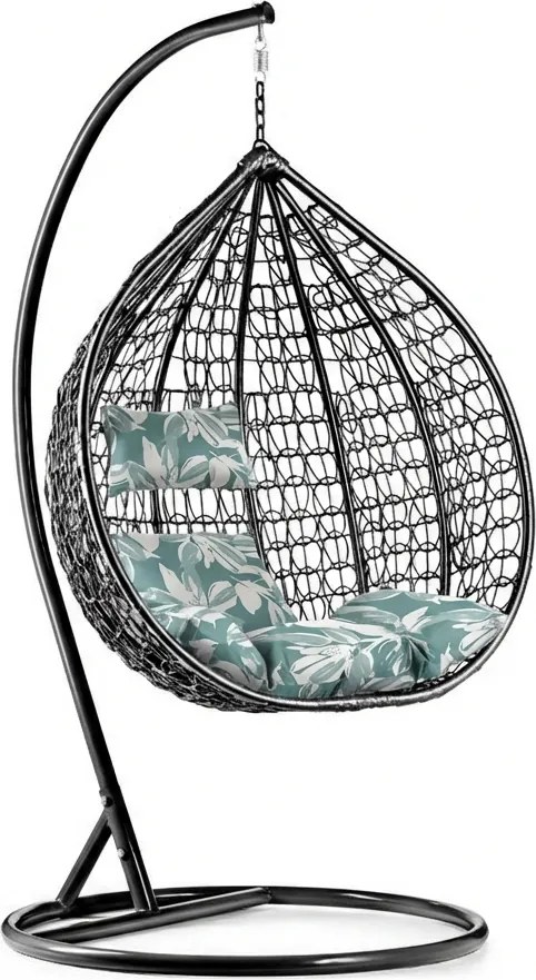 Scaun negru suspendat KOKON cu suport, perna verde-alb