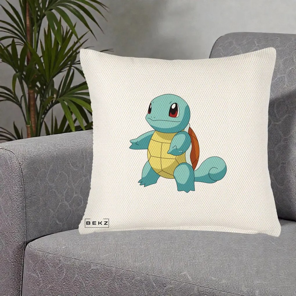 Perna Personalizata Squirtle Pokemon, 40x40 cm, Crem Reliefat, Husa Detasabila, Perna Inclusa, BEKZ®