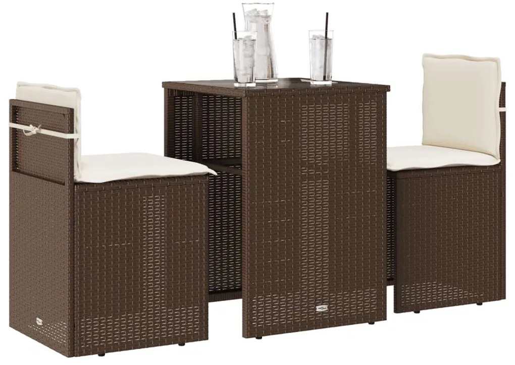 vidaXL Set bistro cu perne, 3 piese, maro, poliratan