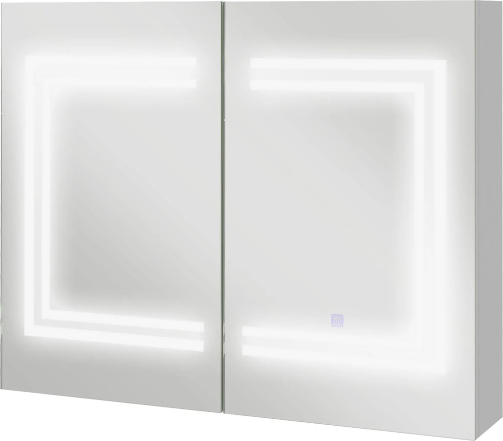kleankin Oglindă Baie cu Dulap și LED, 80 x 65cm, Ușă Soft Close, Reglabilă pe 3 Culori, Rafturi Ajustabile, Alb Lucios | Aosom Romania