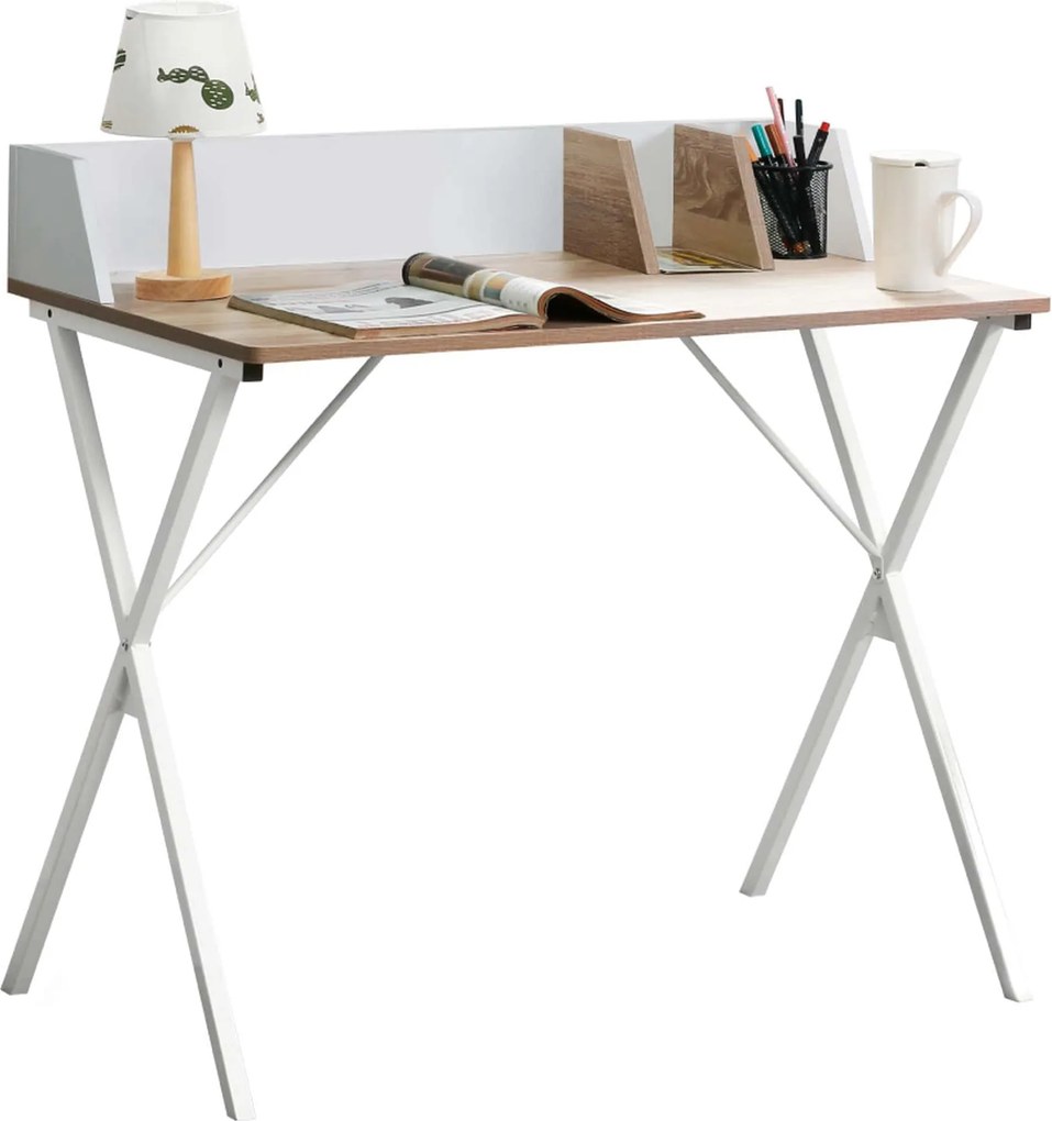 Masa birou PSALMO, alb/stejar, DTD laminat/metal, 90x50x85 cm