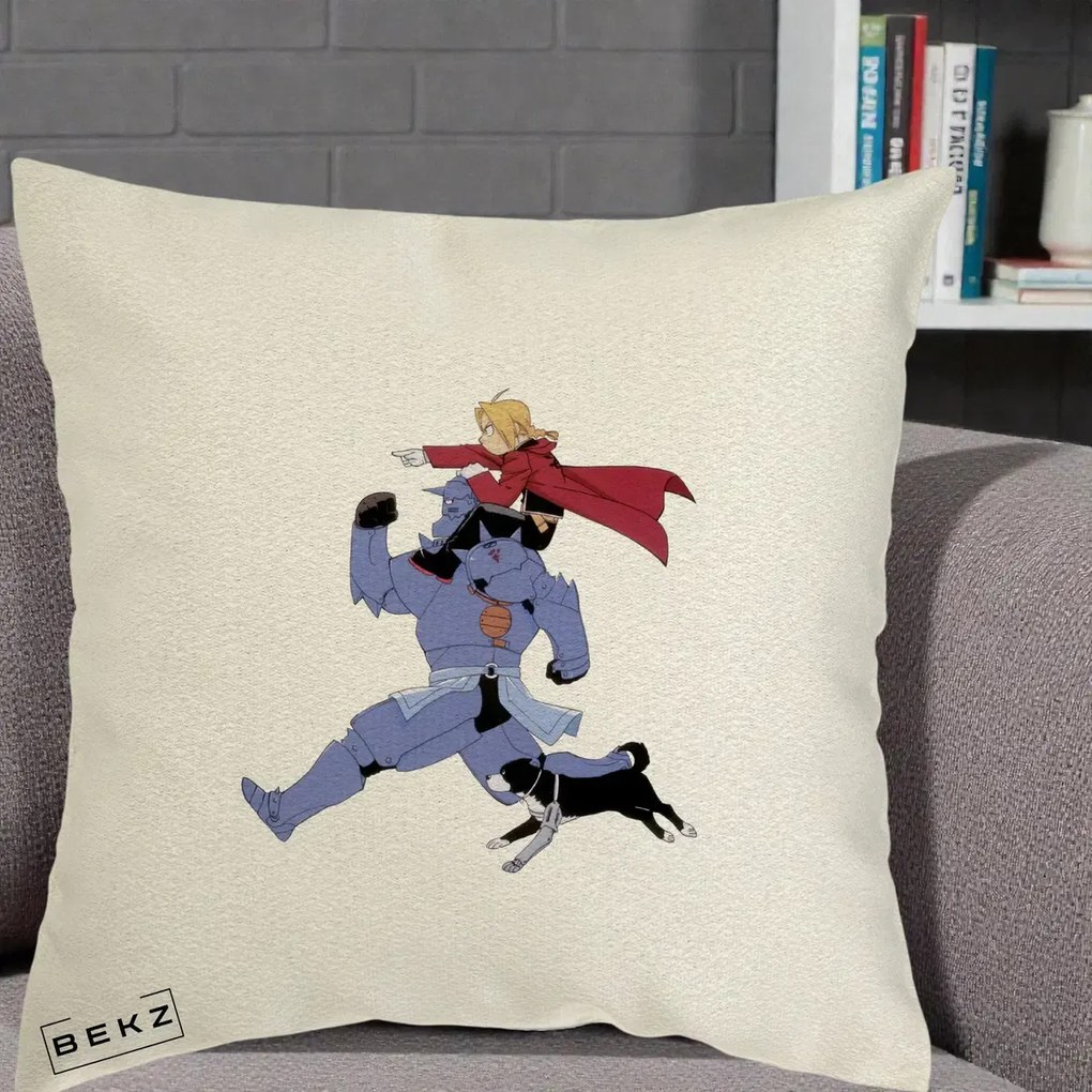 Perna Personalizata Fullmetal Alchemist Edward si Alphonse, 40x40 cm, Ecru, Husa Detasabila, Perna Inclusa, BEKZ®