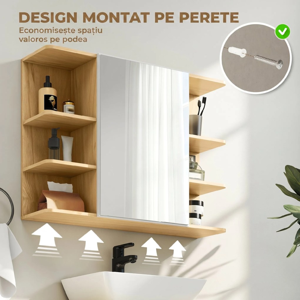 HOMCOM Dulap cu Oglindă pentru Baie cu Dulăpior și 6 Compartimente Deschise 80x20x59cm Lemn | Aosom Romania