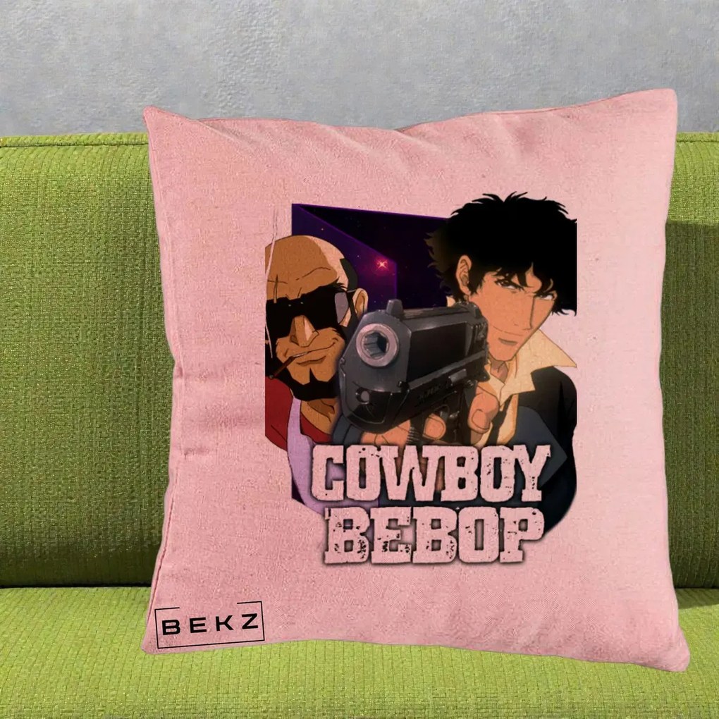 Perna Personalizata Cowboy Bebop Spike si Jet Poster, 40x40 cm, Roz, Husa Detasabila, Perna Inclusa, BEKZ®