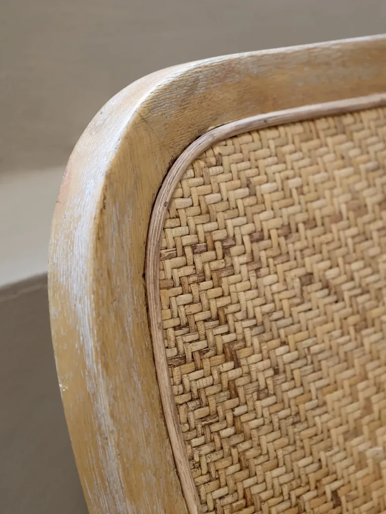 Scaunel din lemn de cauciuc si rattan, cu aspect vintage, French