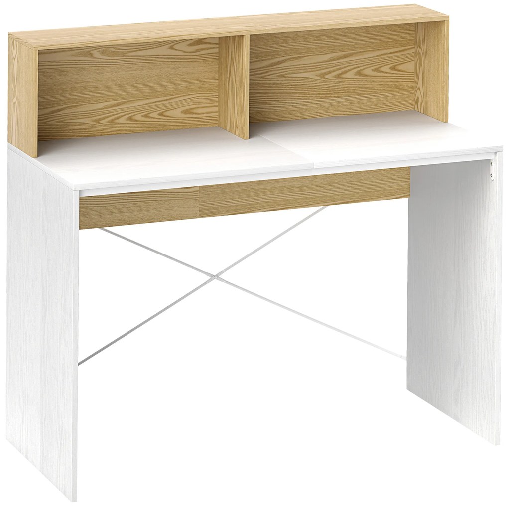 HOMCOM Birou cu depozitare 110 x 50 cm, 2 compartimente deschise și raft de depozitare, alb și natural | Aosom Romania