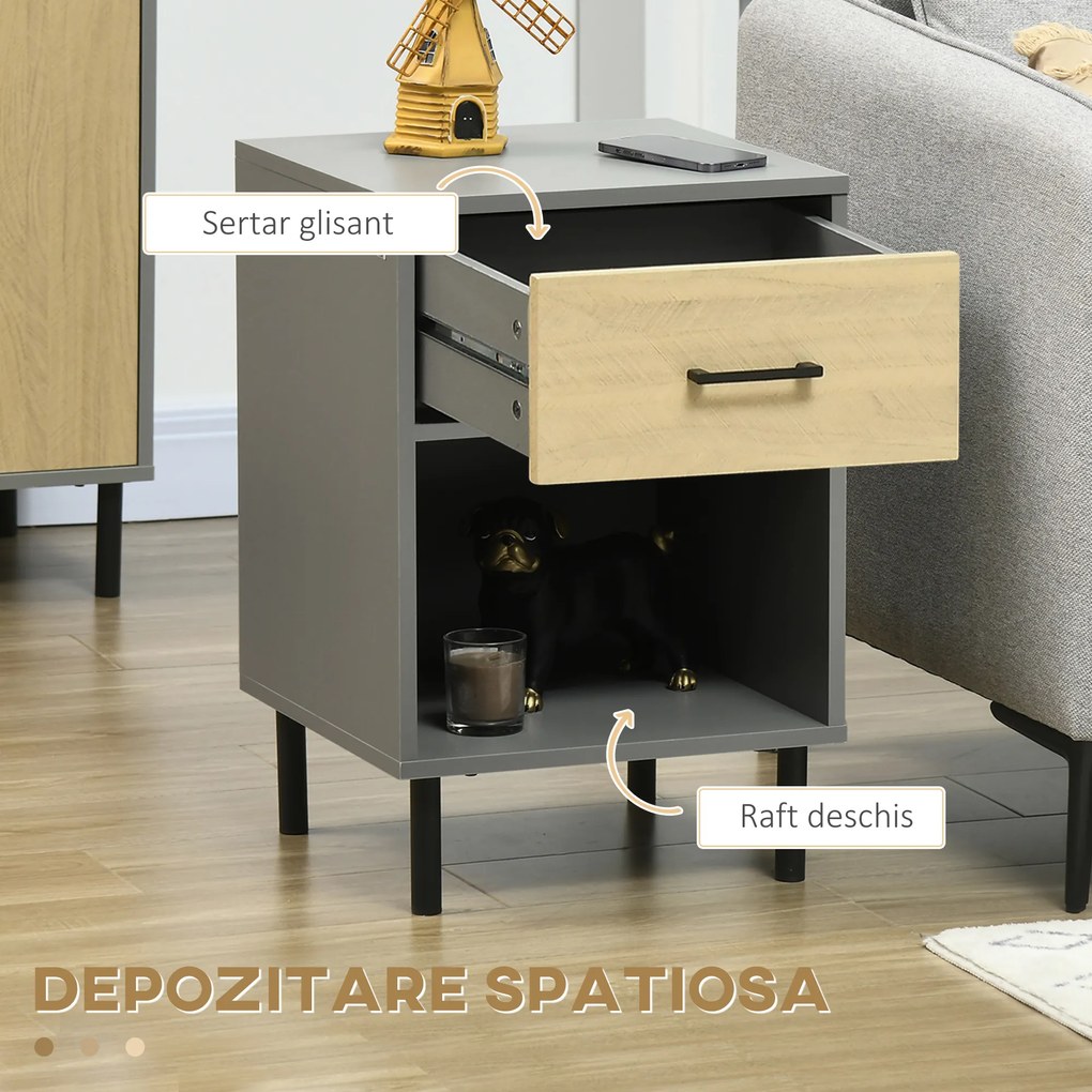 Set de 2 Noptiere, Masa Laterala cu Sertar, Raft de Depozitare, Masa laterala pentru Camera de Zi Dormitor, Gri si Stejar HOMCOM | Aosom RO
