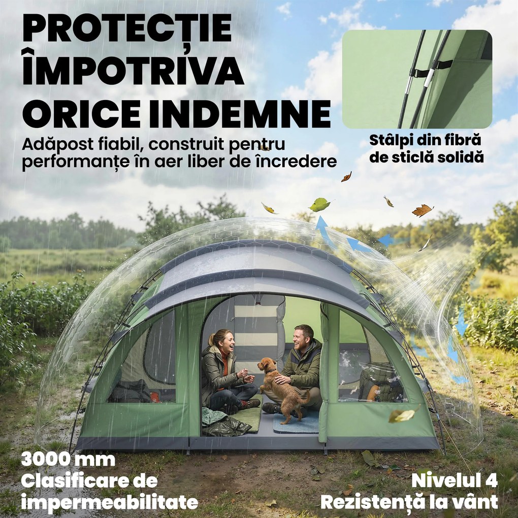 Outsunny Cort Mare Multi-Cameră pentru 2-4 Persoane, cu Ferestre și Verandă, Verde | Aosom Romania