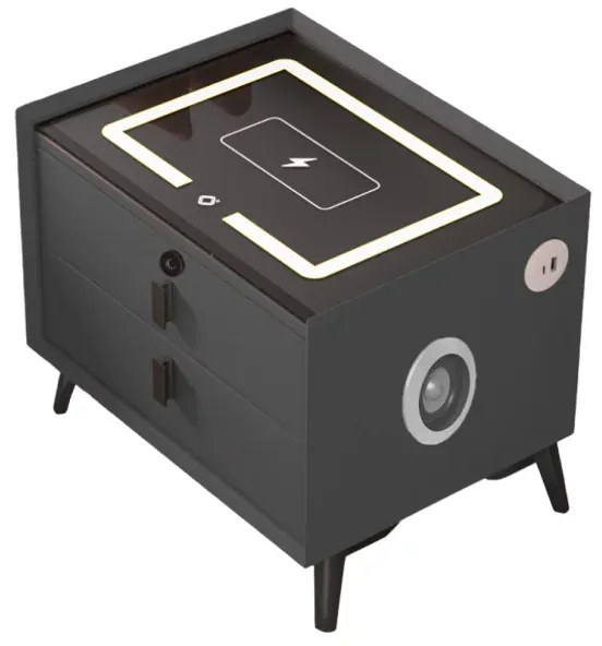 Noptieră inteligentă cu &icirc;ncărcare wireless, iluminare LED, difuzor Bluetooth, port USB și Type-C &ndash; culoare gri antracit, 2 sertare, design modern din sticlă și lemn