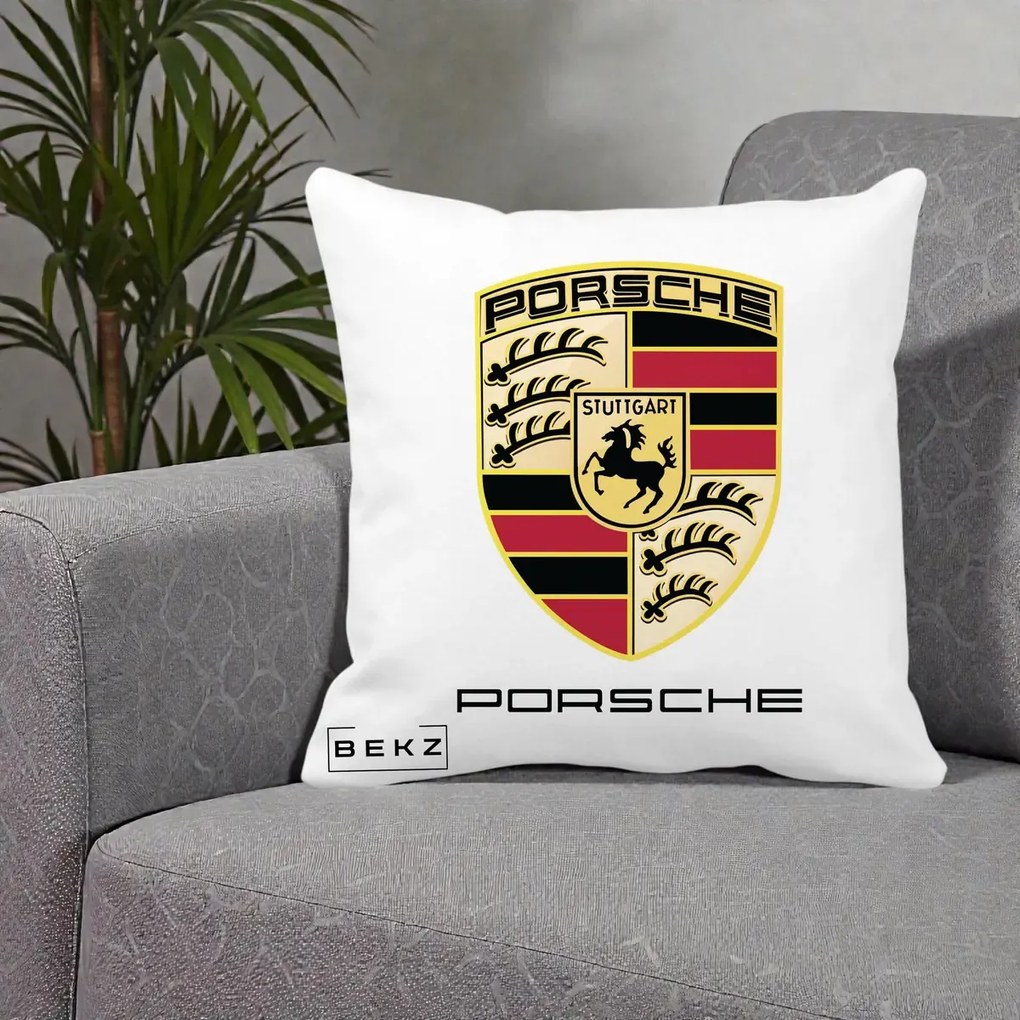 Perna Personalizata Porsche Stuttgart, 40x40 cm, Alba Mata, Husa Detasabila, Perna Inclusa, BEKZ®
