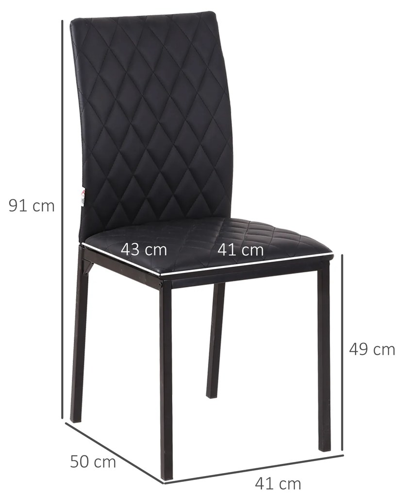 HOMCOM Set de 4 Scaune din Piele Ecologică cu Cusături Romboidale și Picioare din Oțel, 41x50x91 cm, Negru | Aosom Romania