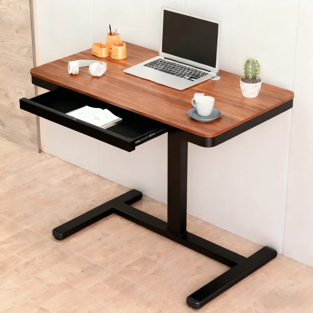 Birou Reglabil Multifuncțional cu Manivelă, Cadru Metalic, Sertar Glisant Ascuns, Design Compact – Ideal pentru Pat, Canapea și Lucru Flexibil, Nuc/Negru