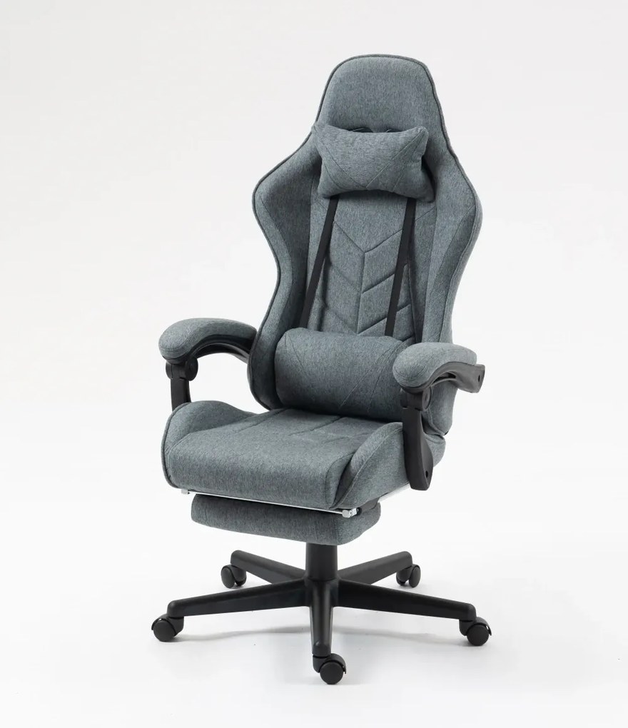 Scaun gaming, masaj în perna lombară, suport picioare, textil, Gri