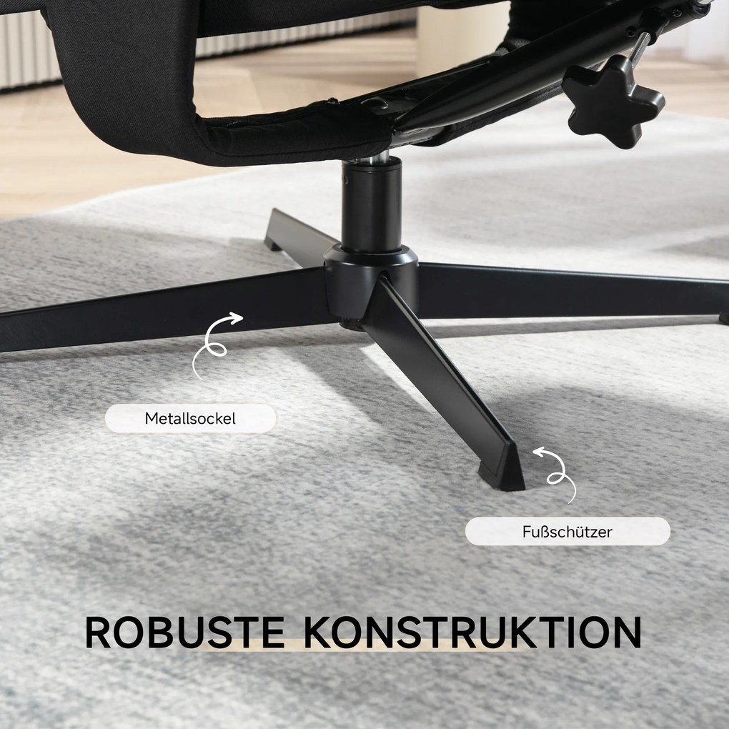HOMCOM Fotoliu rabatabil cu taburet, rotativ, funcție de legănare, aspect catifelat, până la 150 kg, Negru | Aosom Romania