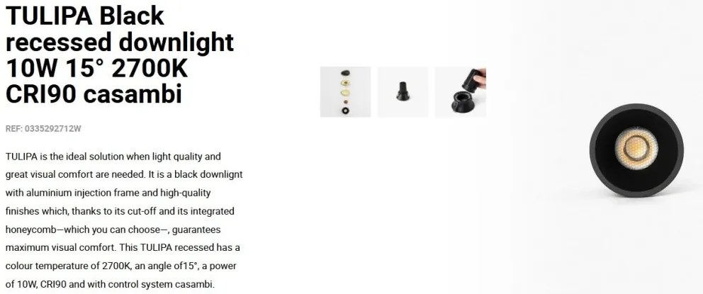 Spot LED incastrabil TULIPA Black recessed downlight 10W 15° 2700K CRI90 casambi