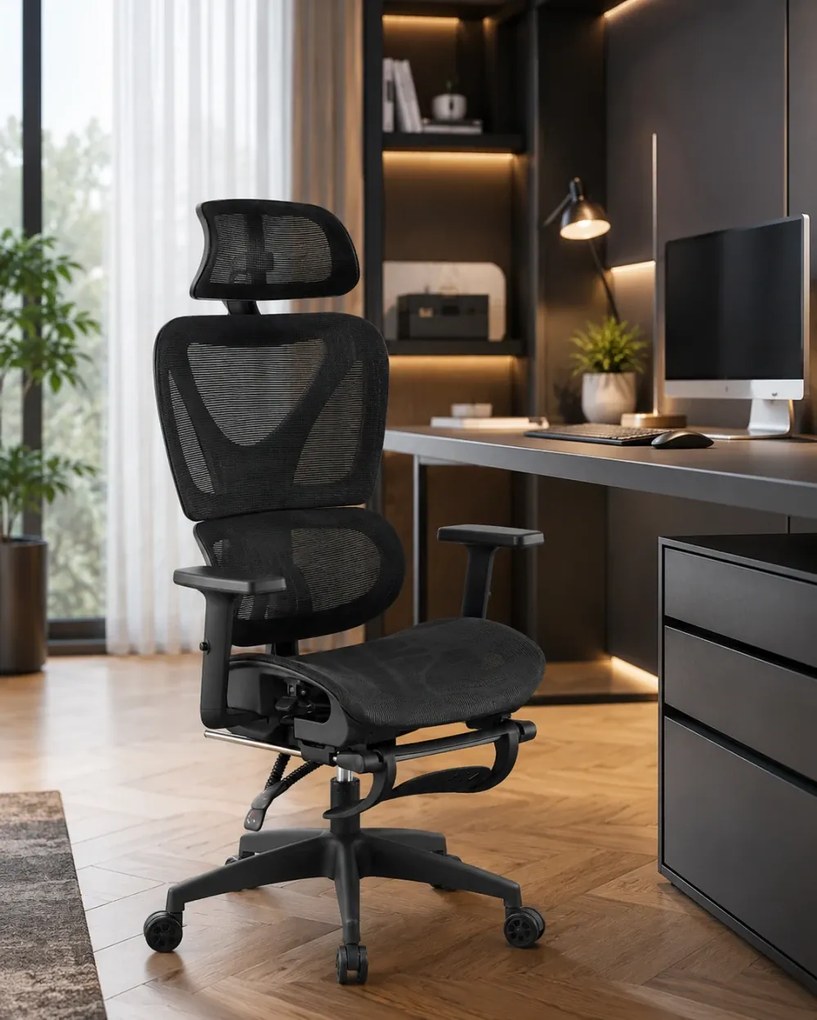 RIGACHAIR PRO Scaun ergonomic, sezut translatie, cotiere 2D, tetiera 2D, recliner 155°, suport picioare, Full Mesh, Negru