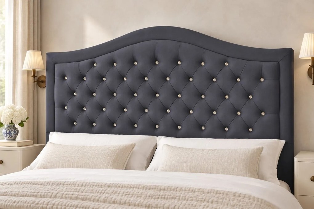 Pat tapițat Chesterfield din catifea Solaria Deluxe Cristal 200×200 cm, gri închis, cu ladă de depozitare