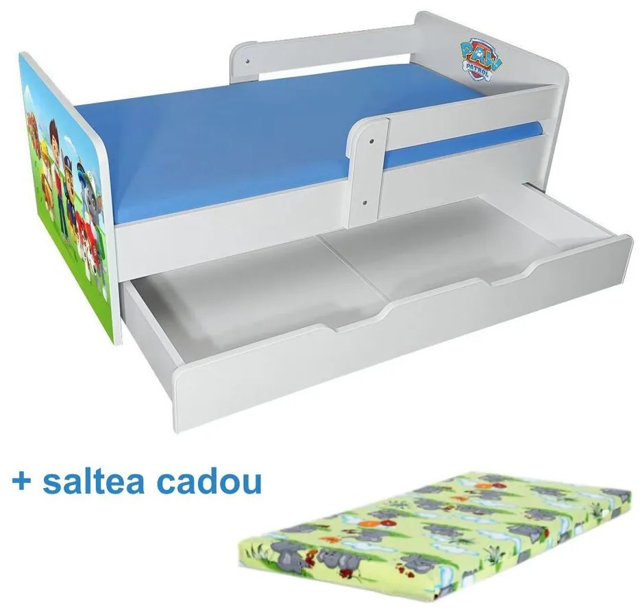 Pat copii Paw Patrol P2 2-12 ani cu sertar, 2 protectii laterale detasabile si saltea cadou