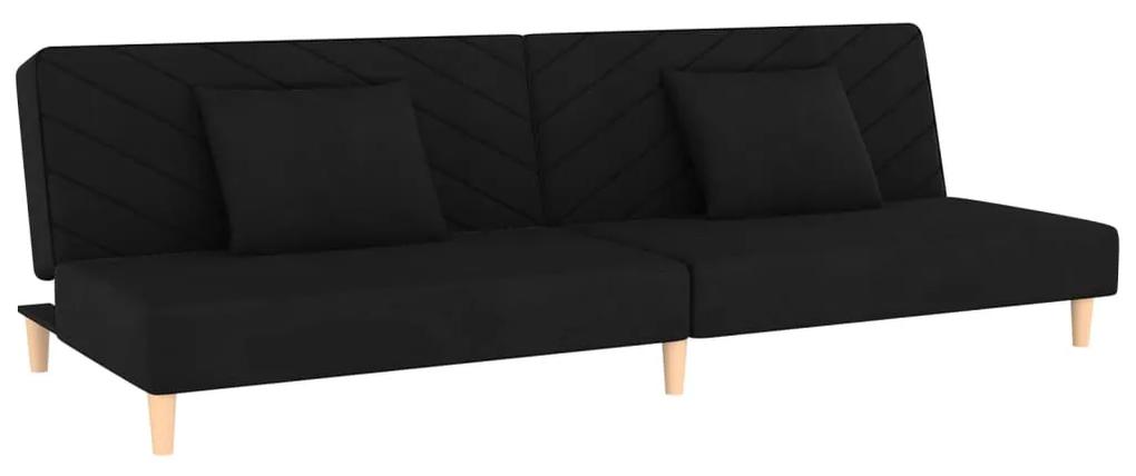 Canapea pat cu 2 locuri, 2 pernetaburet, negru, catifea Negru, Cu scaunel pentru picioare