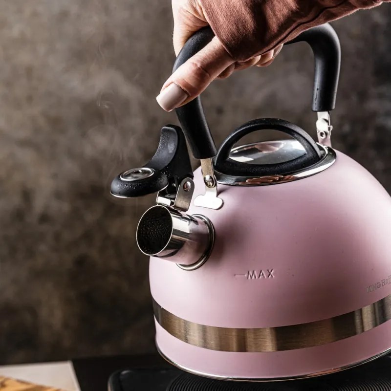 Ceainic cu fluier Kinghoff KH 1856, 1.8 l, Inductie, Maner izolat termic, Roz