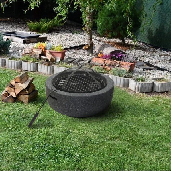 Vatră portabilă pe lemn cu grătar, antracit