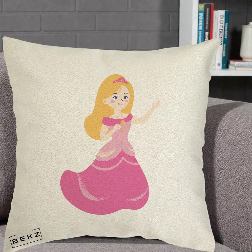 Perna Personalizata Printesa Roz cu Microfon, 40x40 cm, Ecru, Husa Detasabila, Perna Inclusa, BEKZ®