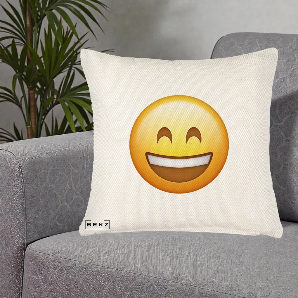 Perna Decorativa Emoji Zambet Mare, 40x40 cm, Crem Reliefat, Husa Detasabila, Perna Inclusa, BEKZ®